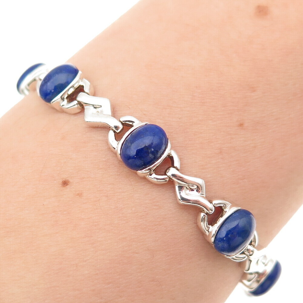 Michelle Albala 925 Sterling Silver Vintage Real Lapis Anchor Link Bracelet 7.5"